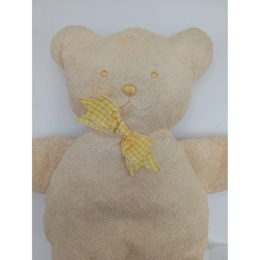 Plush Teddy Bear Cream Terry Cloth Yellow Gingham Bow Flat Style